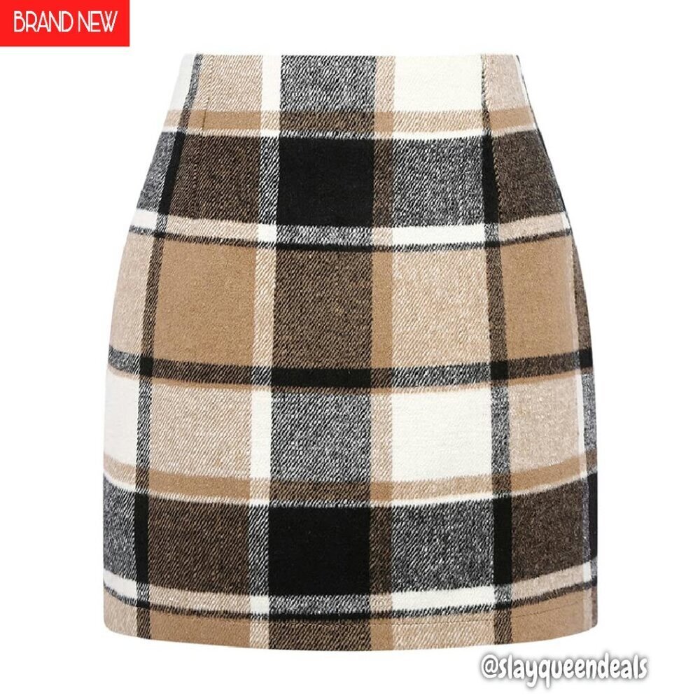 Wool Plaid High Waist Bodycon Pencil Mini Skirt for Fall Winter